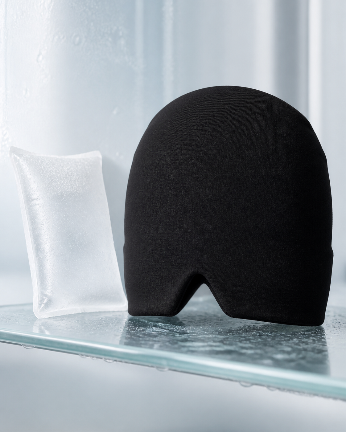 Black Glacia gel cap on a frosted shelf showing the rounded hood and V-shaped nose notch