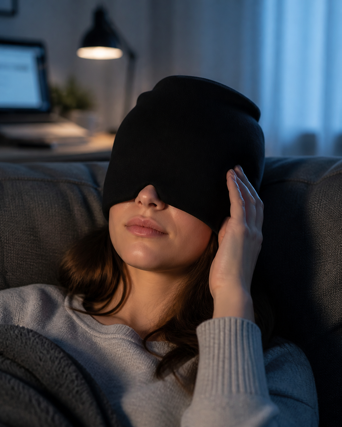 Person resting in a dim room wearing the black Glacia gel cap over the eyes and forehead